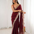 Wine Maroon Tissue Silk Saree Gold Embroidered Border Designer Saree