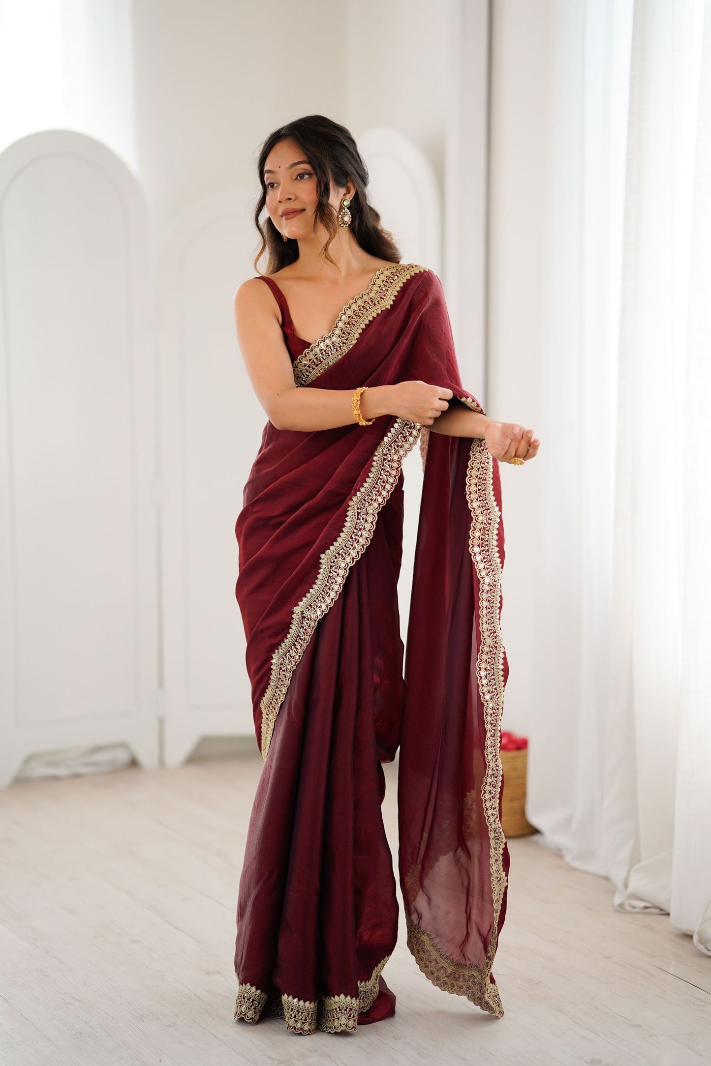 Wine Maroon Tissue Silk Saree Gold Embroidered Border Designer Saree