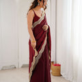 Wine Maroon Tissue Silk Saree Gold Embroidered Border Designer Saree