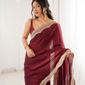 Wine Maroon Tissue Silk Saree Gold Embroidered Border Designer Saree