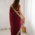 Wine Maroon Tissue Silk Saree Gold Embroidered Border Designer Saree