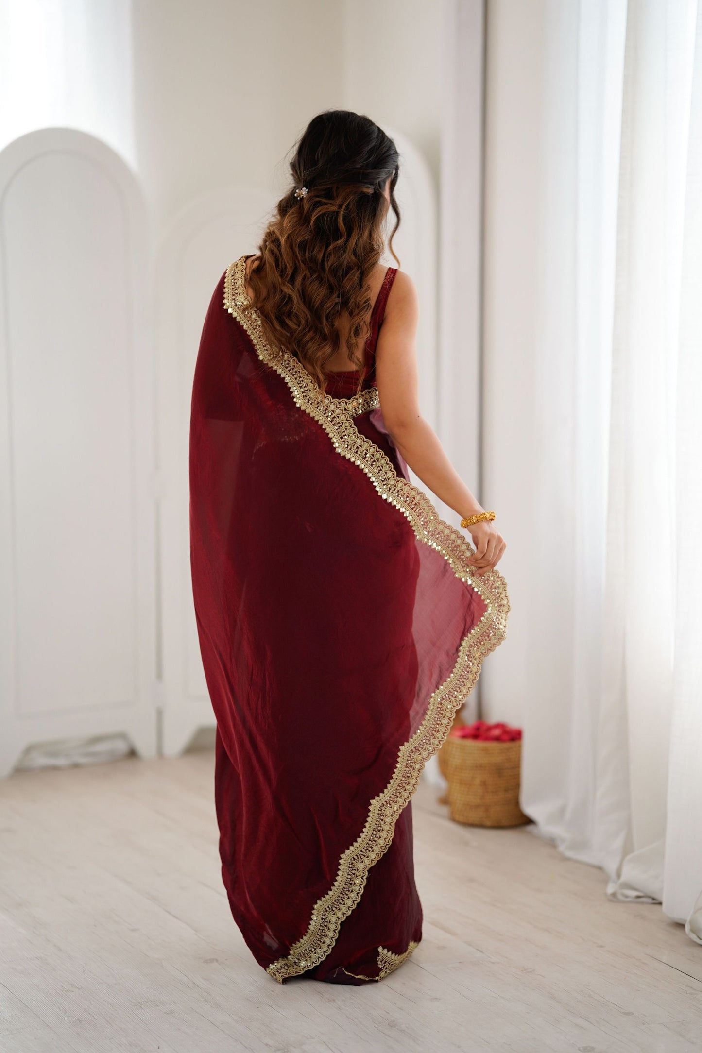 Wine Maroon Tissue Silk Saree Gold Embroidered Border Designer Saree