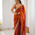 Rust Orange Tissue Silk Saree Gold Embroidered Border Designer Saree 