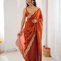 Rust Orange Tissue Silk Saree Gold Embroidered Border Designer Saree