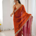 Rust Orange Tissue Silk Saree Gold Embroidered Border Designer Saree