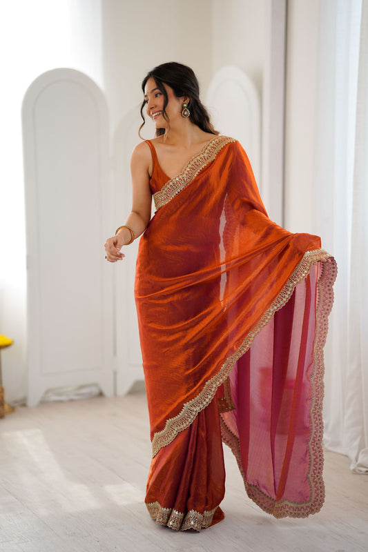 Rust Orange Tissue Silk Saree Gold Embroidered Border Designer Saree