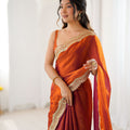 Rust Orange Tissue Silk Saree Gold Embroidered Border Designer Saree