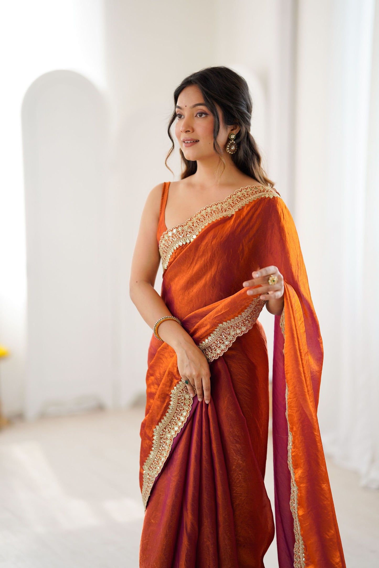 Rust Orange Tissue Silk Saree Gold Embroidered Border Designer Saree