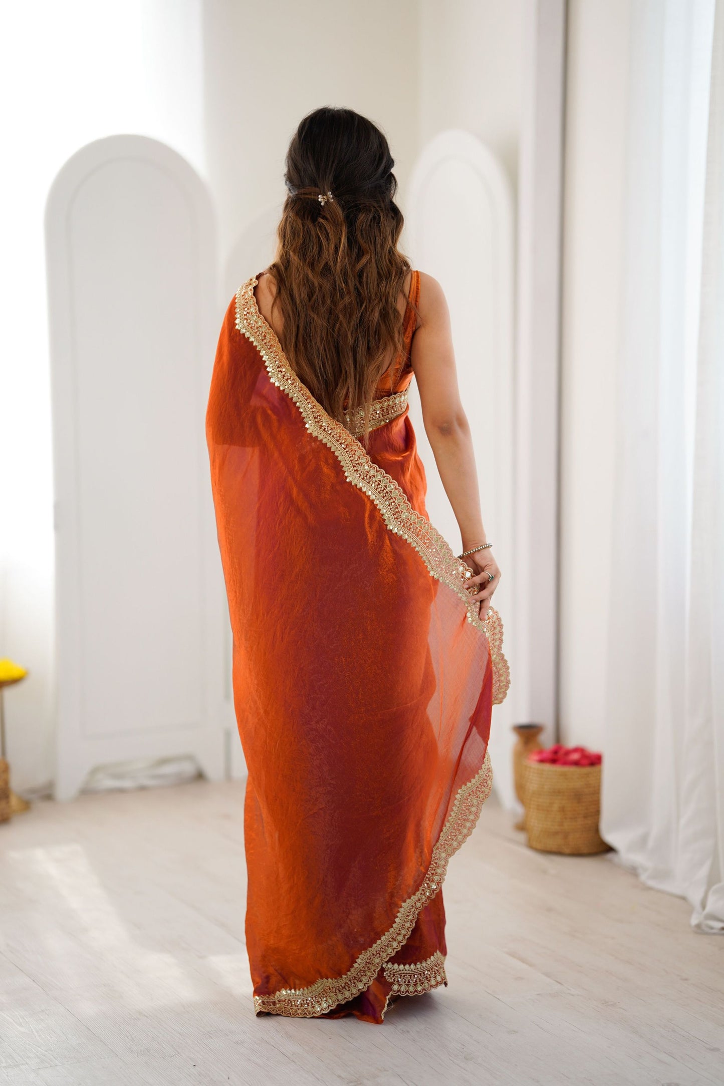 Rust Orange Tissue Silk Saree Gold Embroidered Border Designer Saree