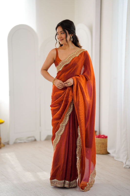 Rust Orange Tissue Silk Saree Gold Embroidered Border Designer Saree 