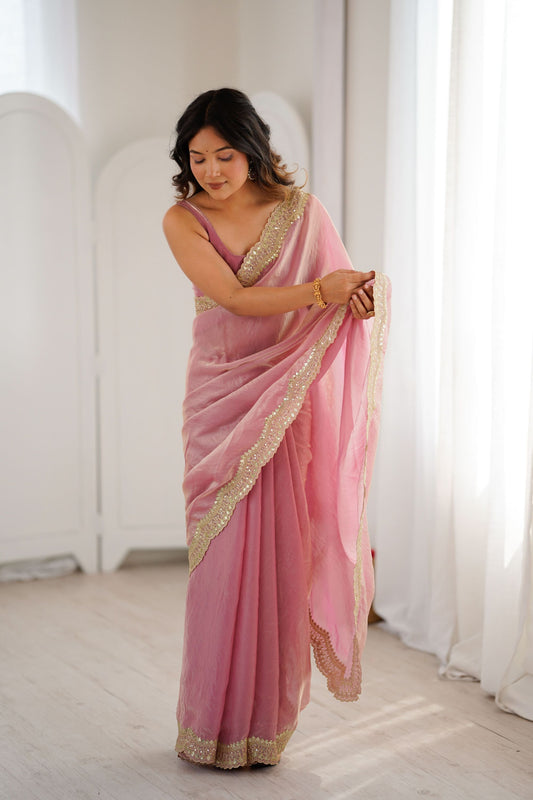Pink Tissue Silk Saree Gold Embroidered Border Designer Saree