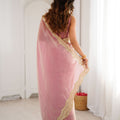 Pink Tissue Silk Saree Gold Embroidered Border Designer Saree