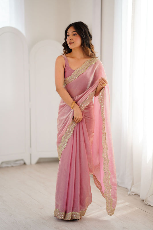 Pink Tissue Silk Saree Gold Embroidered Border Designer Saree 