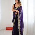 Deep Purple Tissue Silk Saree Gold Embroidered Border Designer Saree