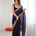 Deep Purple Tissue Silk Saree Gold Embroidered Border Designer Saree