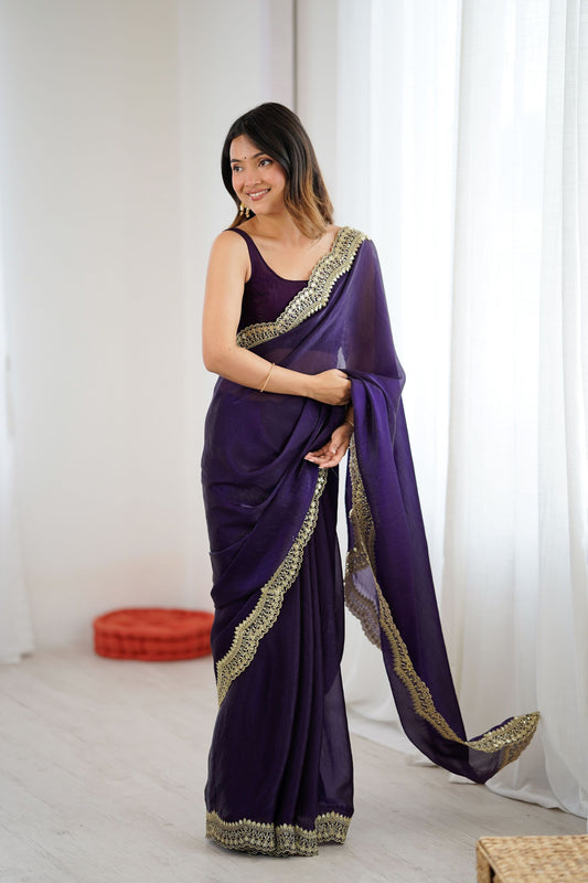 Deep Purple Tissue Silk Saree Gold Embroidered Border Designer Saree