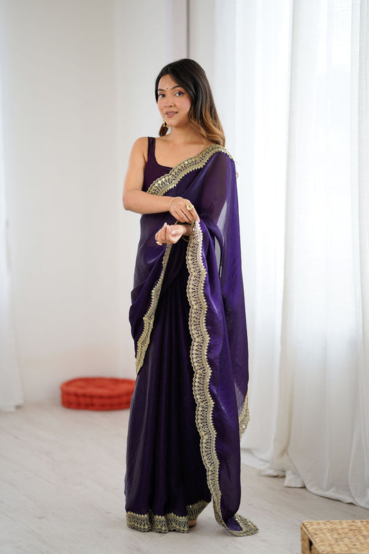 Deep Purple Tissue Silk Saree Gold Embroidered Border Designer Saree