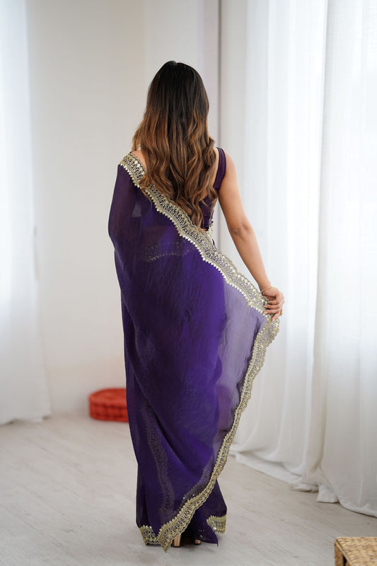 Deep Purple Tissue Silk Saree Gold Embroidered Border Designer Saree