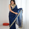 Navy Blue Tissue Silk Saree Gold Embroidered Border Designer Saree