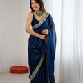  Navy Blue Tissue Silk Saree Gold Embroidered Border Designer Saree 