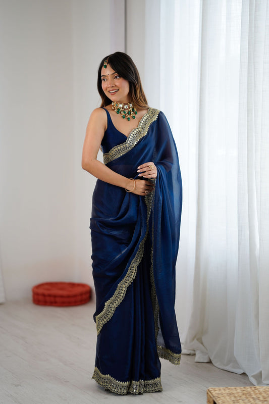  Navy Blue Tissue Silk Saree Gold Embroidered Border Designer Saree 