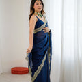 Navy Blue Tissue Silk Saree Gold Embroidered Border Designer Saree