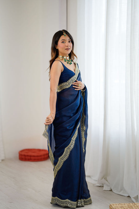 Navy Blue Tissue Silk Saree Gold Embroidered Border Designer Saree