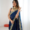 Navy Blue Tissue Silk Saree Gold Embroidered Border Designer Saree
