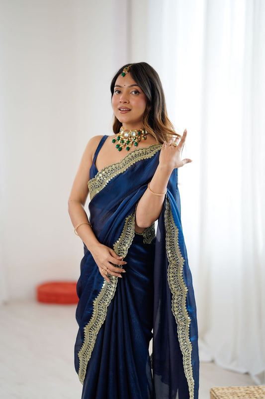 Navy Blue Tissue Silk Saree Gold Embroidered Border Designer Saree