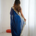 Navy Blue Tissue Silk Saree Gold Embroidered Border Designer Saree