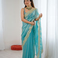  Aqua Blue Tissue Silk Saree Gold Embroidered Border Designer Saree 