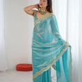 Aqua Blue Tissue Silk Saree Gold Embroidered Border Designer Saree