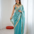 Aqua Blue Tissue Silk Saree Gold Embroidered Border Designer Saree
