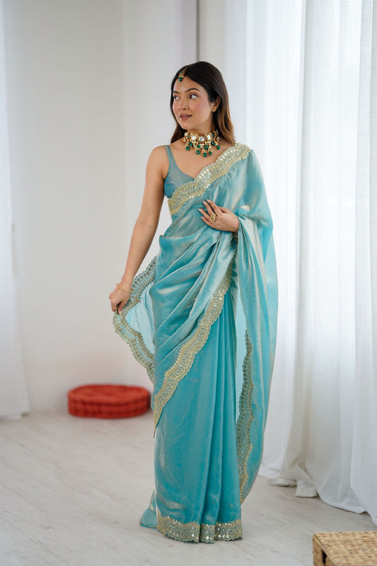 Aqua Blue Tissue Silk Saree Gold Embroidered Border Designer Saree