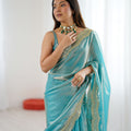 Aqua Blue Tissue Silk Saree Gold Embroidered Border Designer Saree