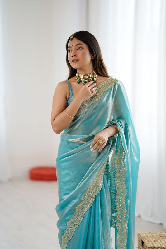 Aqua Blue Tissue Silk Saree Gold Embroidered Border Designer Saree