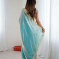 Aqua Blue Tissue Silk Saree Gold Embroidered Border Designer Saree