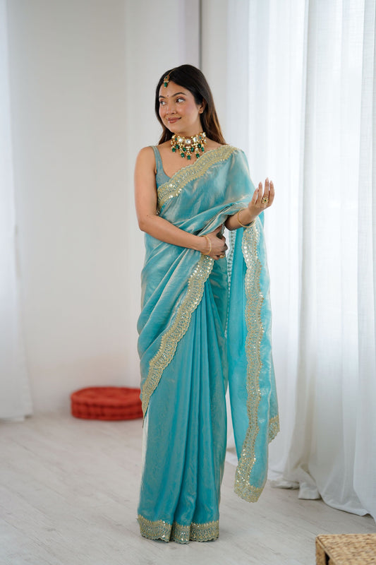  Aqua Blue Tissue Silk Saree Gold Embroidered Border Designer Saree 