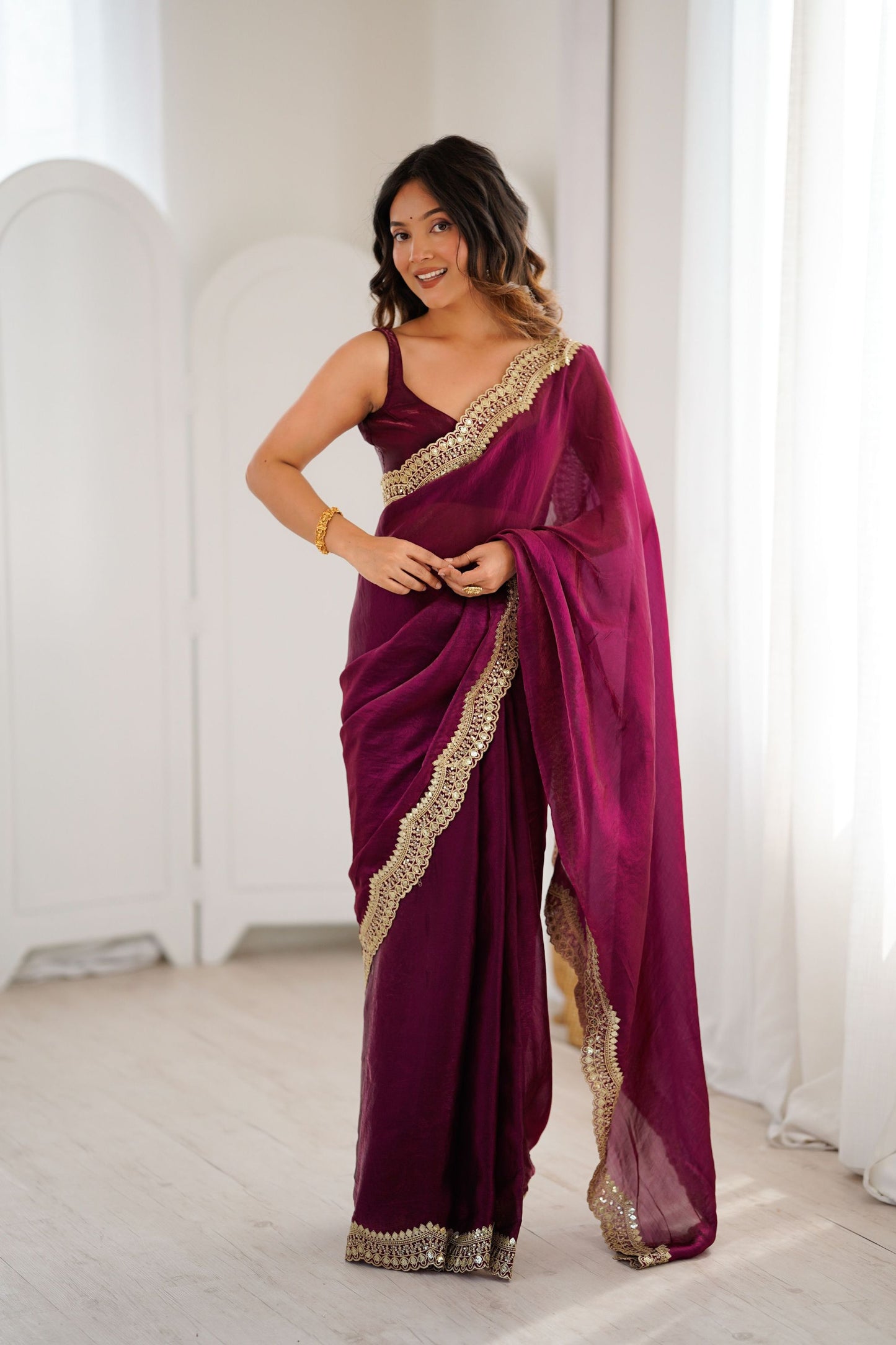 Rani Pink Tissue Silk Saree Gold Embroidered Border Designer Saree