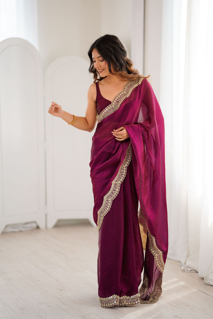 Rani Pink Tissue Silk Saree Gold Embroidered Border Designer Saree 