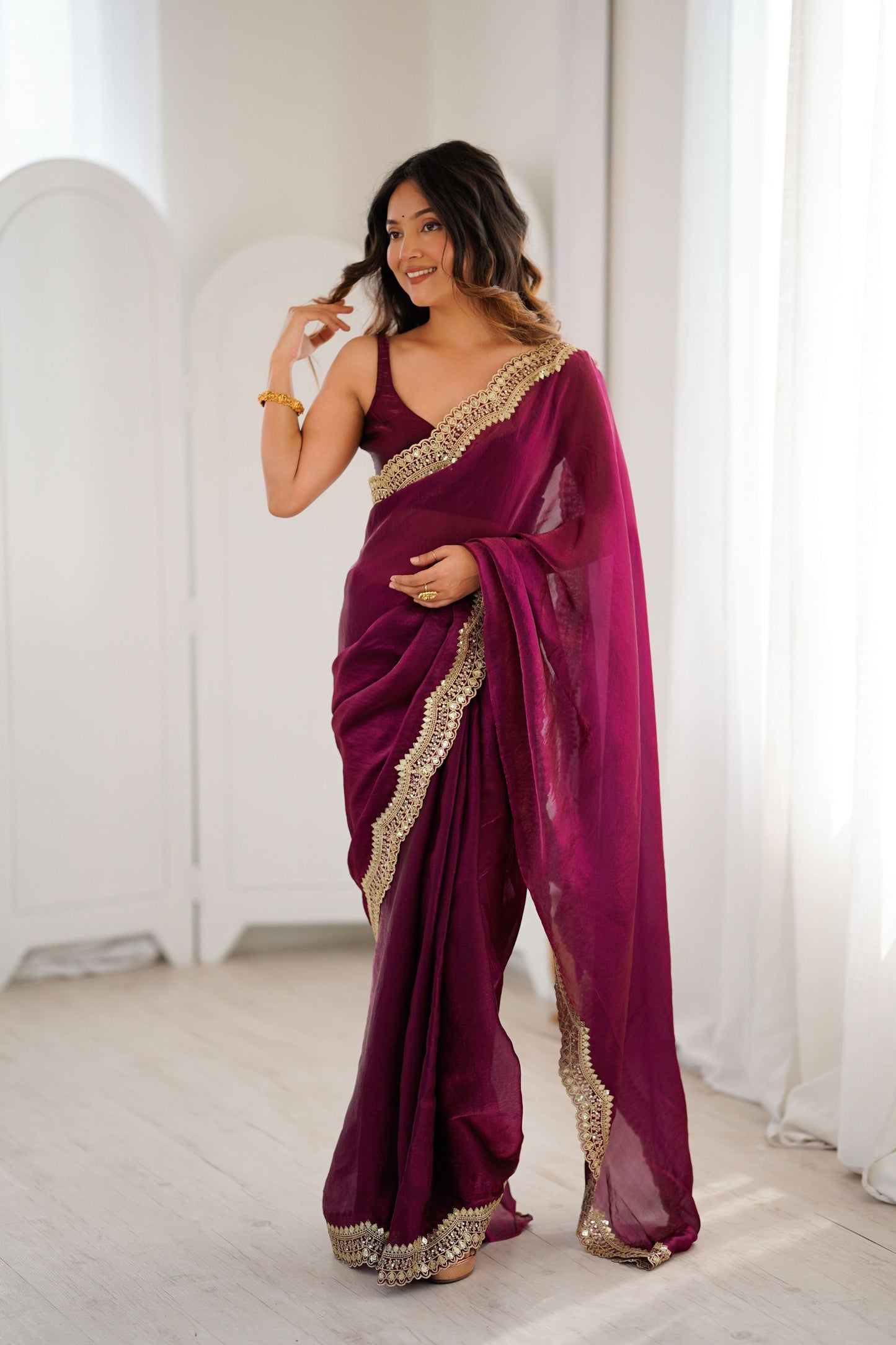 Rani Pink Tissue Silk Saree Gold Embroidered Border Designer Saree