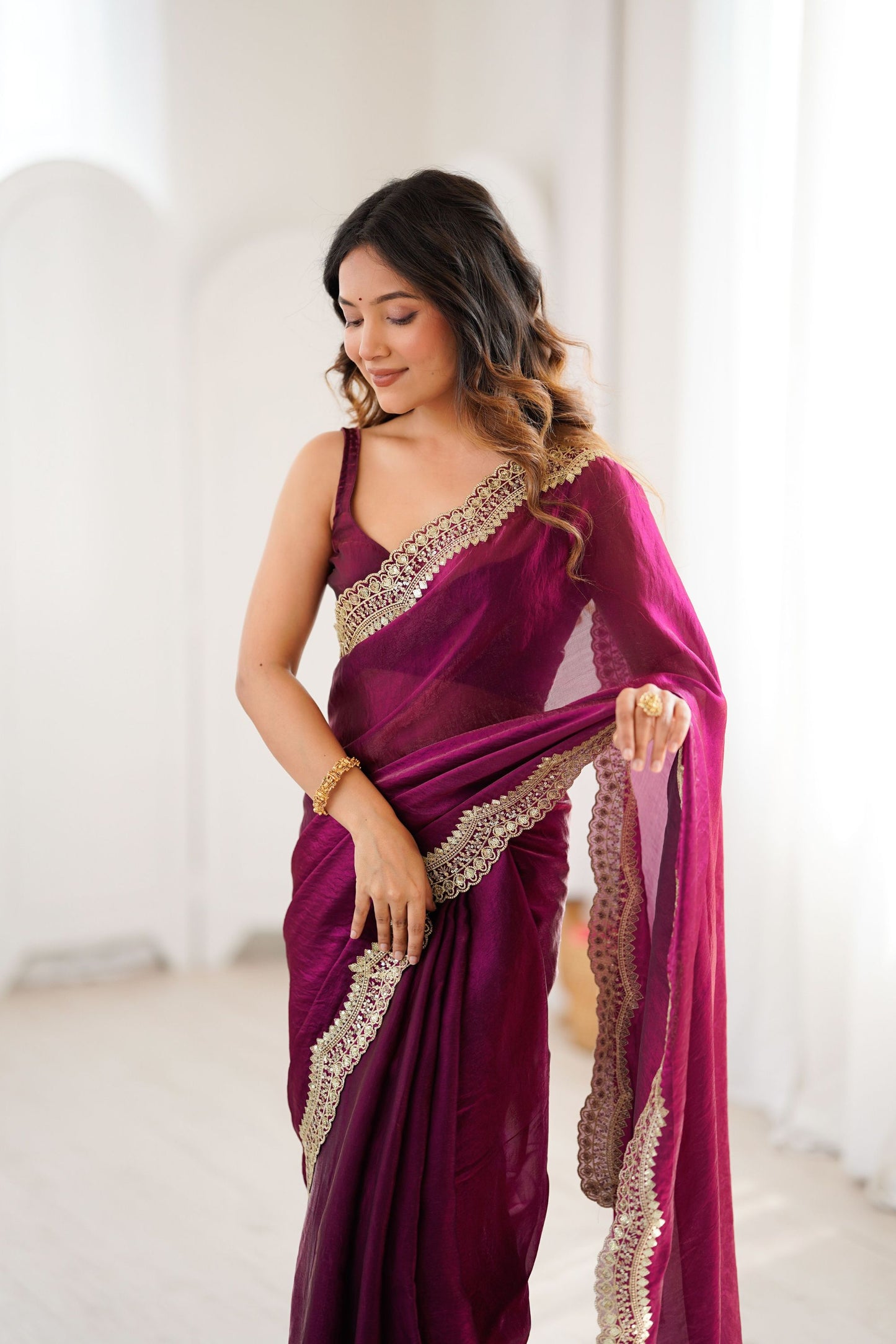 Rani Pink Tissue Silk Saree Gold Embroidered Border Designer Saree
