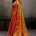 Red Mustard Banarasi Silk Saree Gold Zari Weaving Designer Wear Saree 