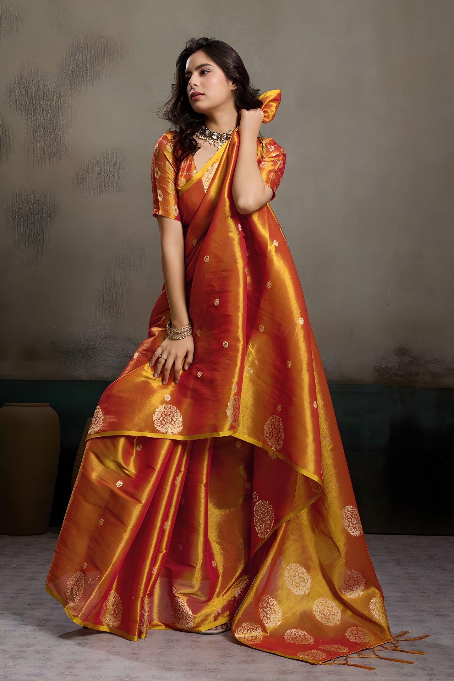 Red Mustard Banarasi Silk Saree Gold Zari Weaving Designer Wear Saree