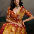 Red Mustard Banarasi Silk Saree Gold Zari Weaving Designer Wear Saree