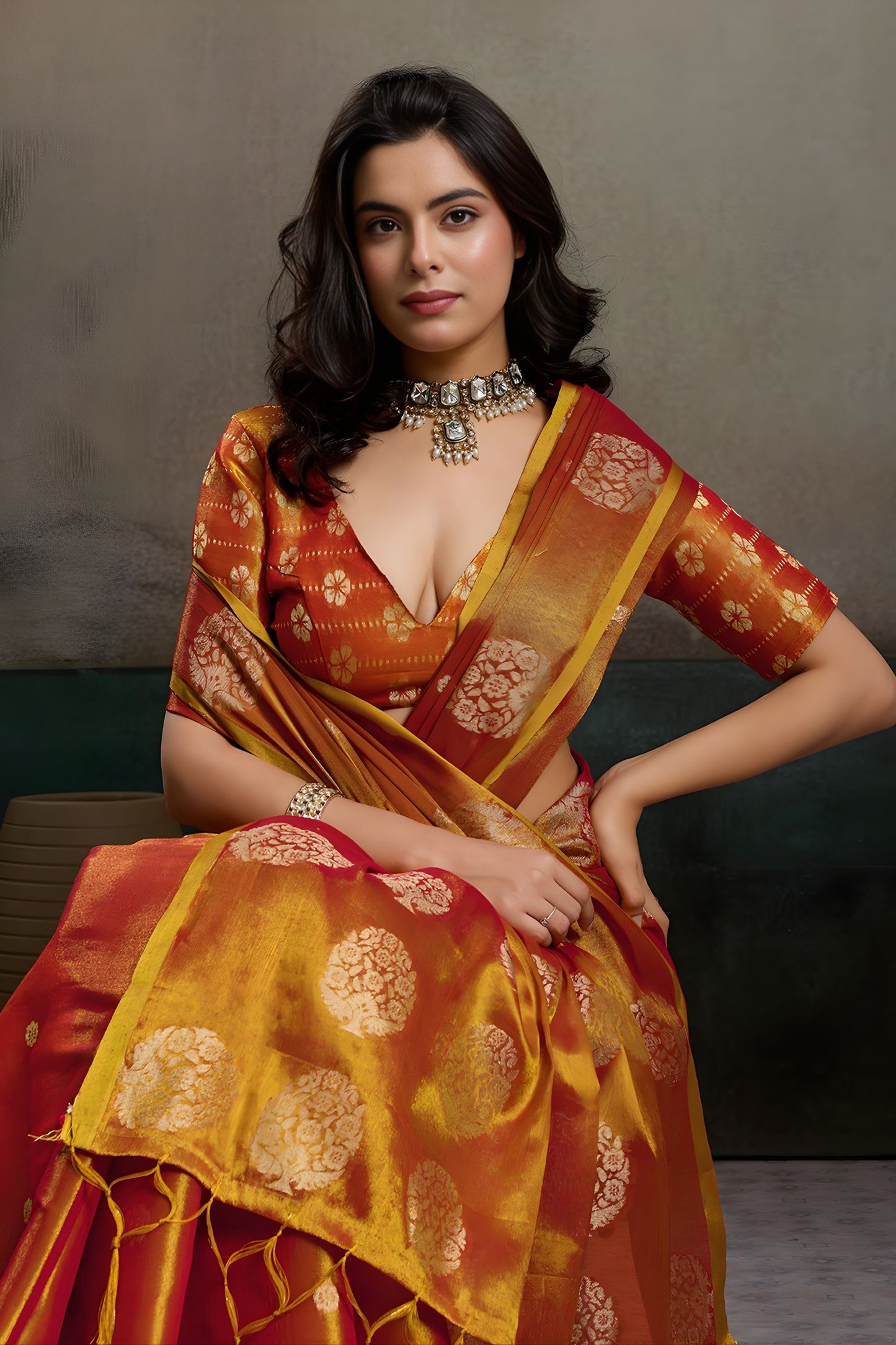 Red Mustard Banarasi Silk Saree Gold Zari Weaving Designer Wear Saree