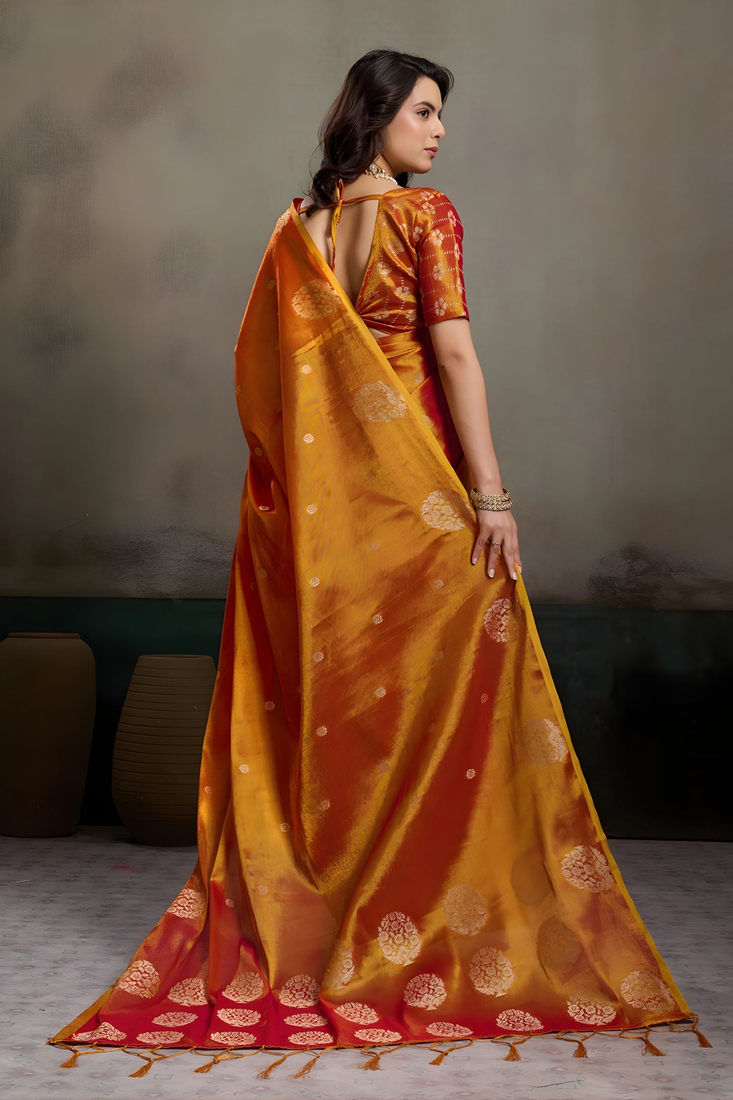 Red Mustard Banarasi Silk Saree Gold Zari Weaving Designer Wear Saree