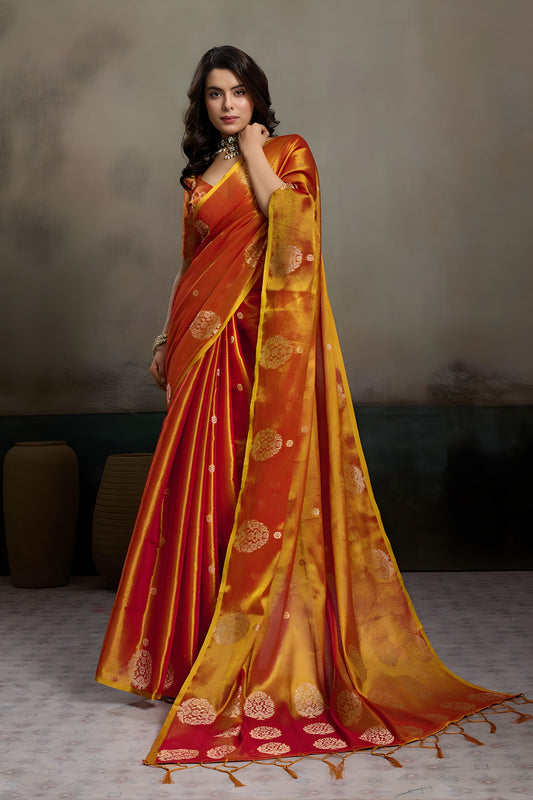 Red Mustard Banarasi Silk Saree Gold Zari Weaving Designer Wear Saree 