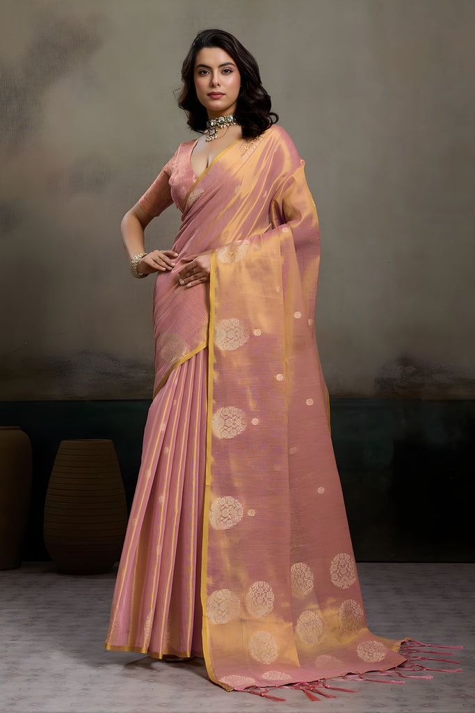 Peach Pink Banarasi Silk Saree Gold Zari Weaving Designer Saree