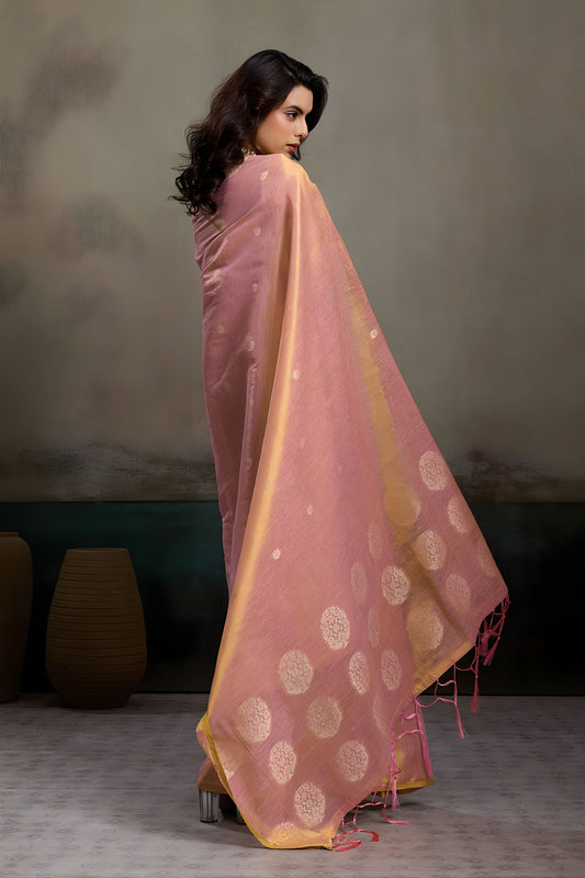 Peach Pink Banarasi Silk Saree Gold Zari Weaving Designer Saree